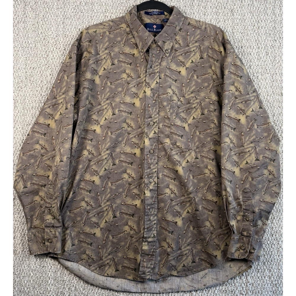 Bill Blass Shirt Mens Lg Fish Print Button Down Long Sleeve Outdoors Casual
